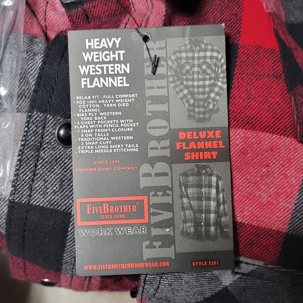 FiveBrother Men's NWT Red Plaid Western Snap Button Flannel Size 2XL Regular - Picture 8 of 8